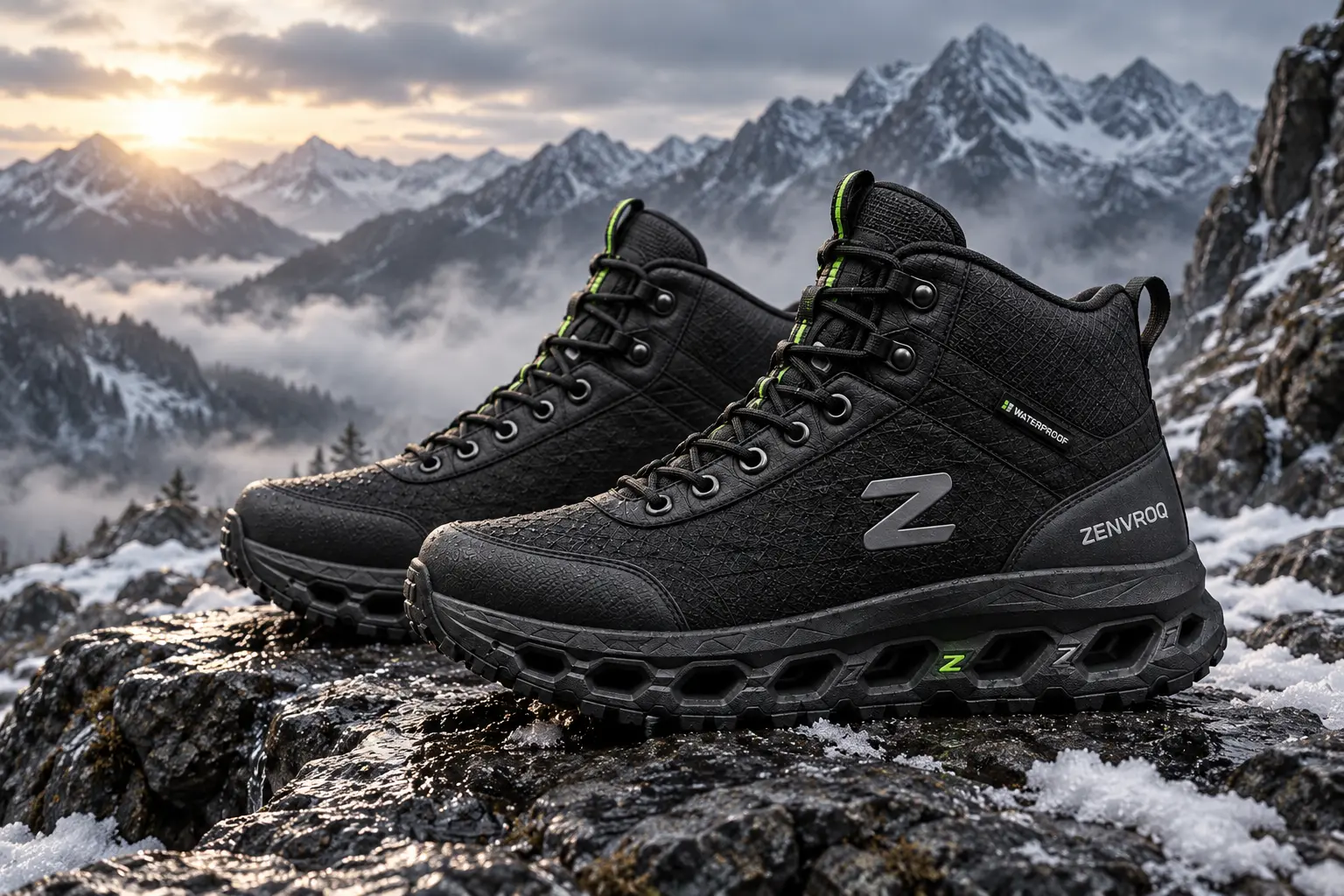 Black ZENVROQ ARCTIC footwear in a mountain setting
